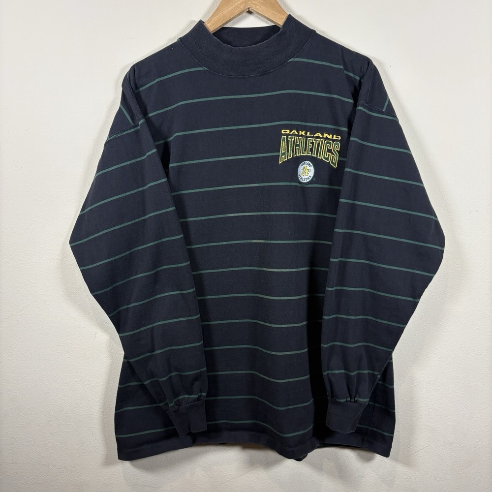 Vtg 90s Oakland Athletics Striped Shirt Salem Sportswear Front Row Mock Neck L